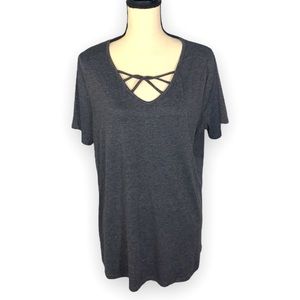 Charcoal Gray Strappy V-Neck Short Sleeve Tee Size XL Soft Knit